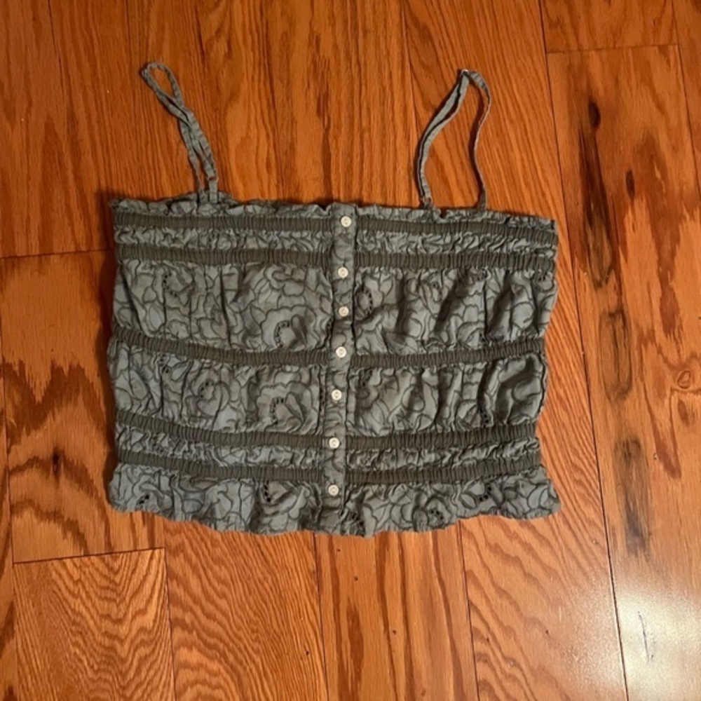 American Eagle Tank Top Women's Green Milkmaid Ruched Spaghetti Strap, size